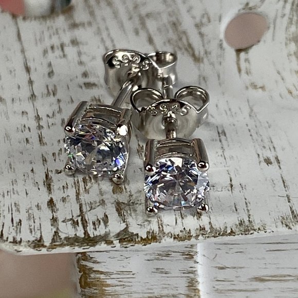 Sterling Silver Woman's 5mm Round CZ Stud Earrings - Picture 2 of 5